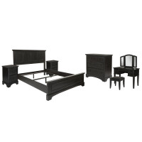OSP Home Furnishings BP-4200-215B Farmhouse Basics Queen Bedroom Set with 2 Nightstands, 1 Chest, and 1 Vanity and Bench in Rustic Black Finish